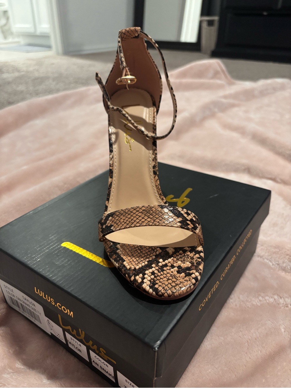 Lulu's Tan & Black Snake-Print Ankle Strap Heels